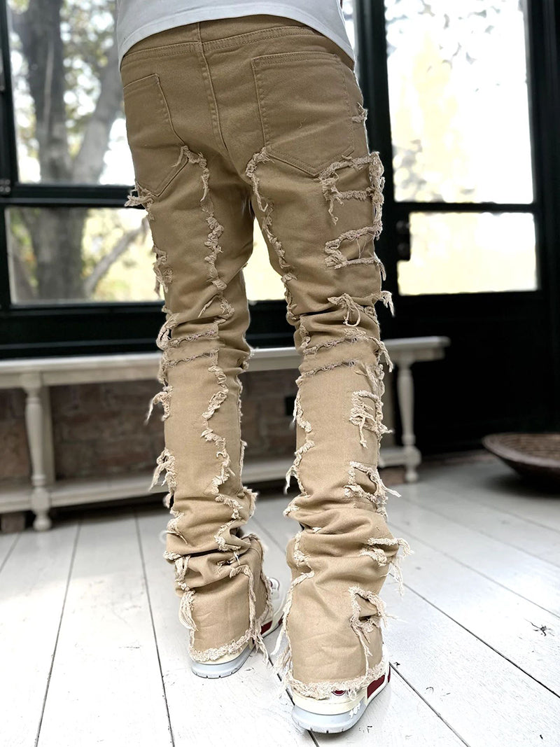 Men's Distressed Patchwork Stacked Jeans