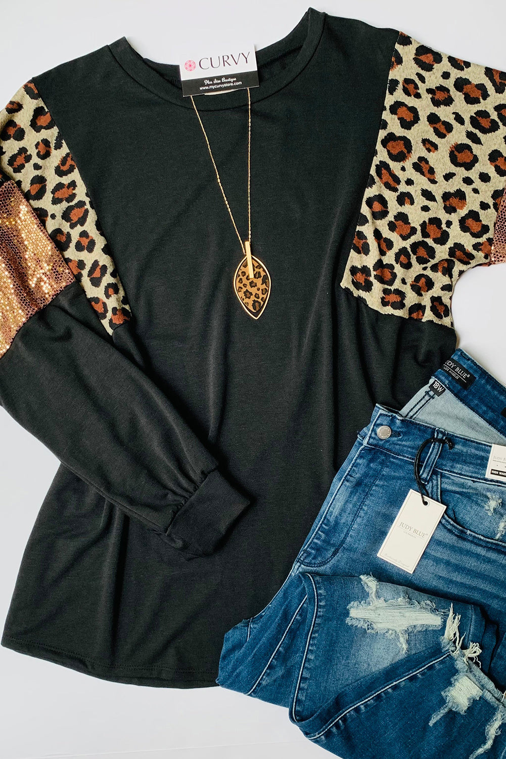Women's Plus Size Leopard Sequin-Patch Long-Sleeve Top