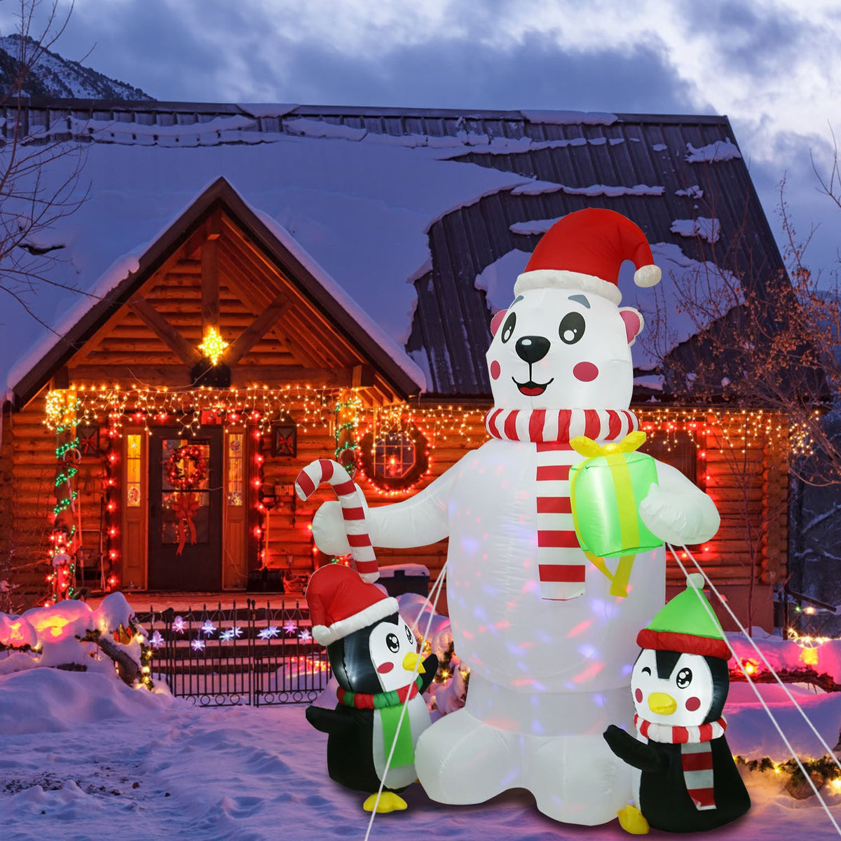 5.9 ft Christmas Inflatable Outdoor Decoration Polar Bear Gift Box Penguin Blow Up Yard Decoration