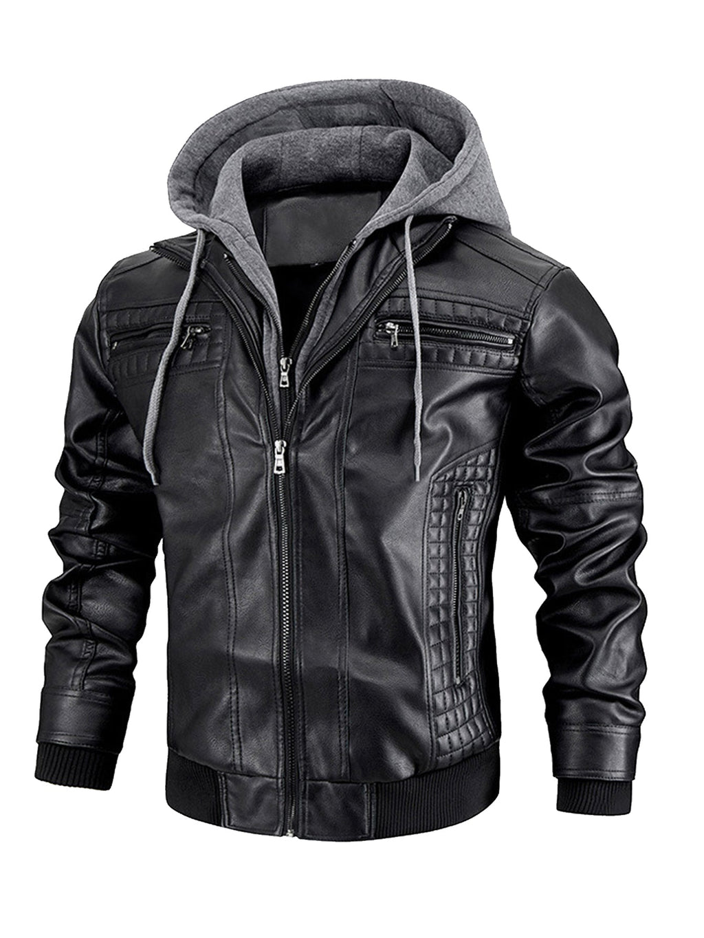 Men's Faux Leather Moto Jacket with Removable Hood
