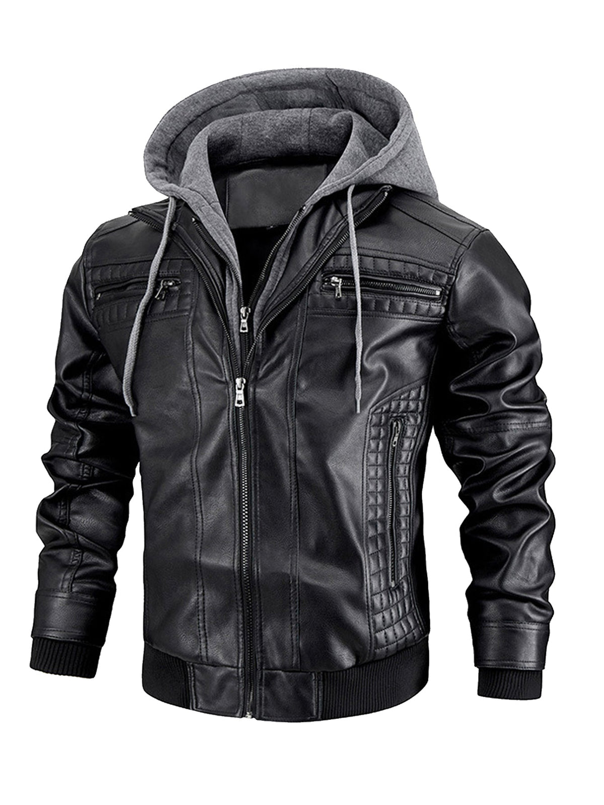 Men's Faux Leather Moto Jacket with Removable Hood