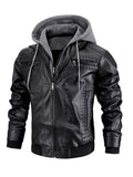 Men's Faux Leather Moto Jacket with Removable Hood