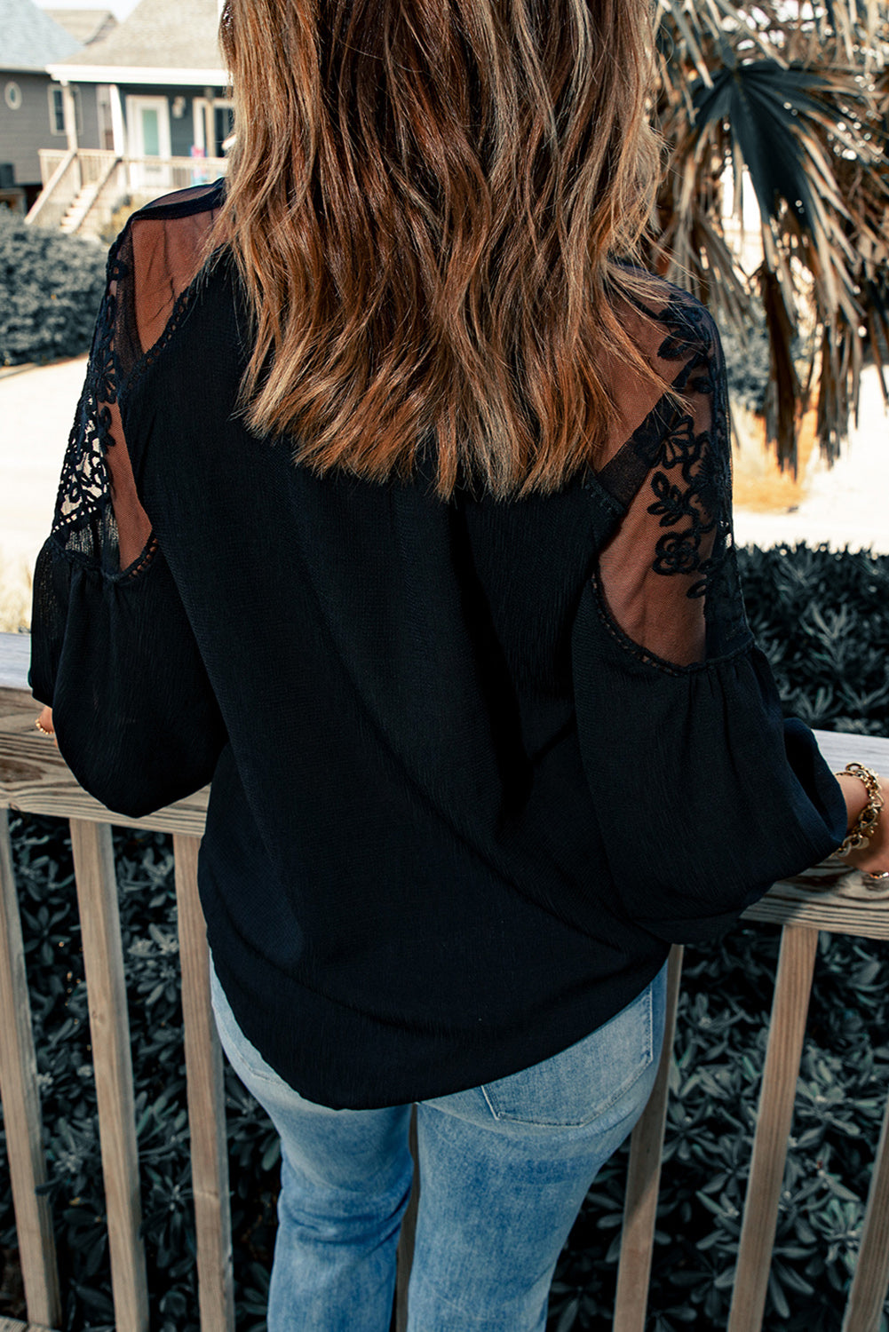 Lace-Detail Tie-Neck Blouse