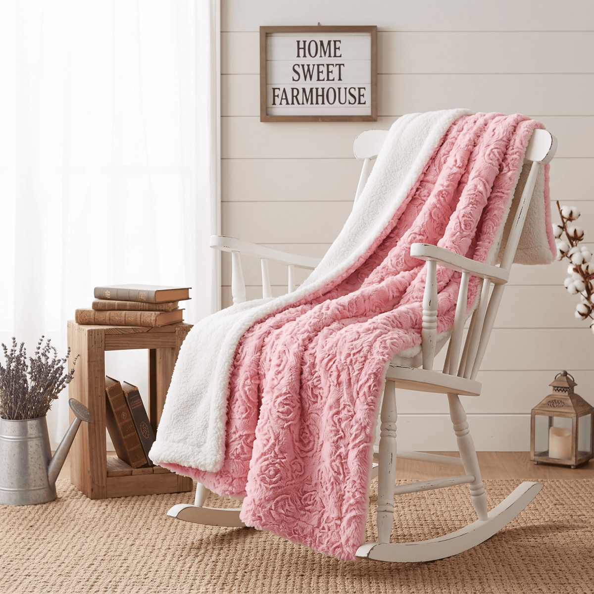 DaDa Bedding Pink Rose Sherpa Fleece Throw Blanket