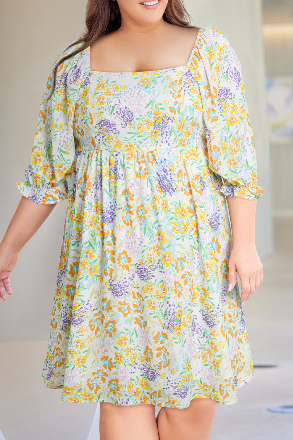 Women's Plus Size Floral Ruffle Bubble-Sleeve Dress