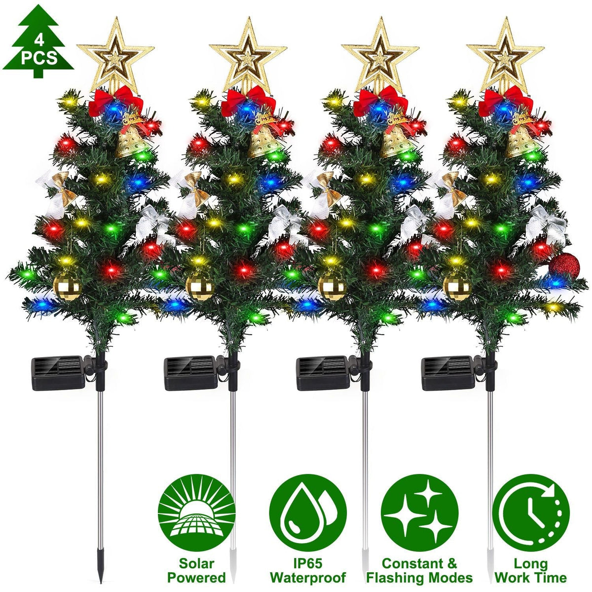 4Packs Solar Christmas Tree Lights Christmas Garden Decorations Tree Stake Lamp 20LEDs Solar Decor