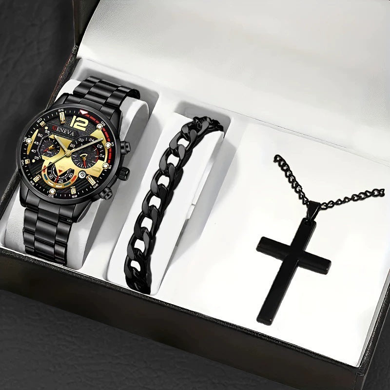 Men's Watch, Cross Necklace & Bracelet Set