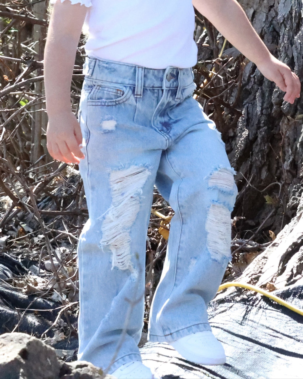 Girls' Light-Wash Distressed Wide-Leg Jeans