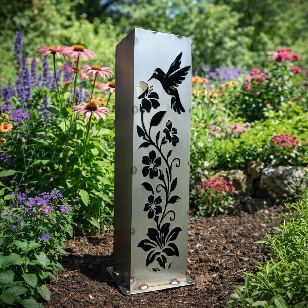 Hummingbird Solar Luminary Garden Pillar – Steel