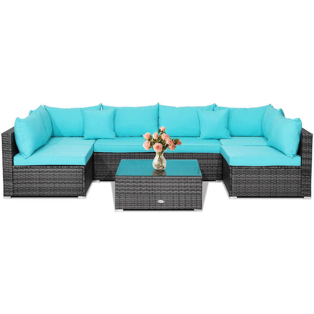 7 Pieces Patio Rattan Furniture Set Sectional Sofa Garden Cushion