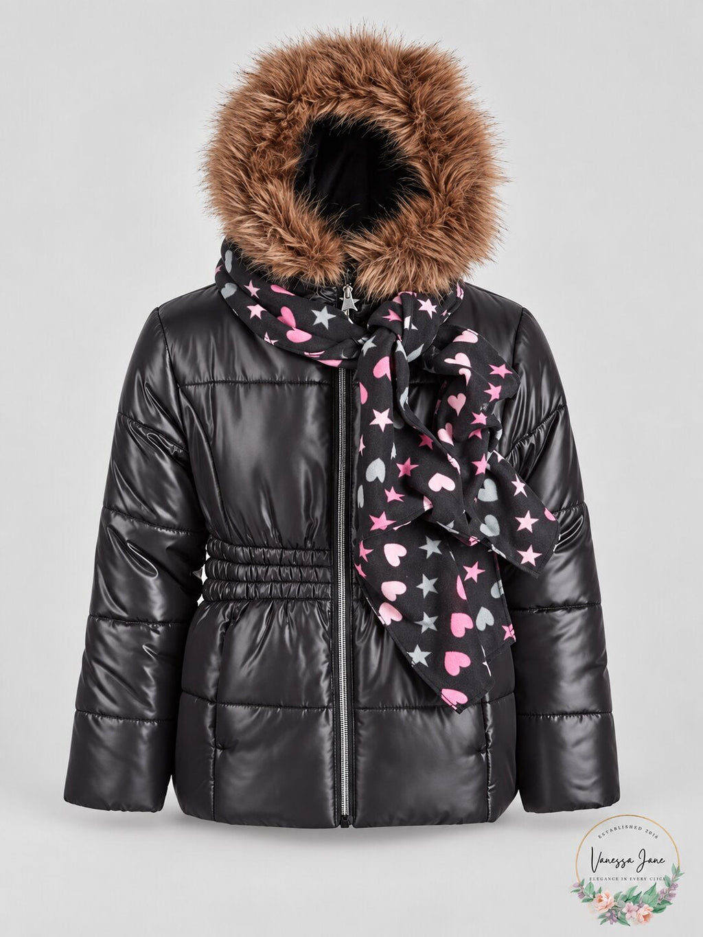 Rothschild Girls’ Black Puffer Jacket with Scarf — Size S
