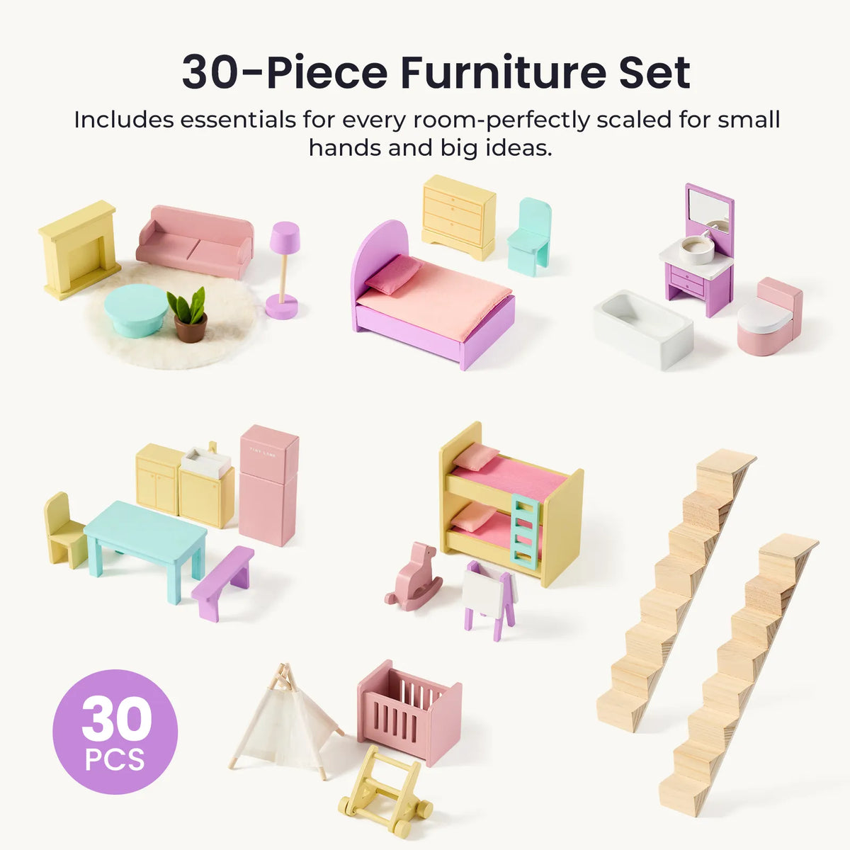 Tiny Land Sweetwood Wooden Dollhouse with Furniture – No Dolls