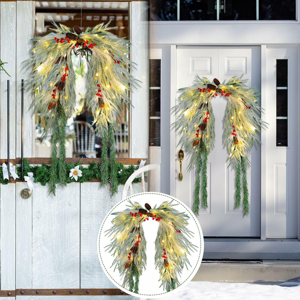 Chuangdi 36" Pre-Lit Christmas Mailbox Swag Wreath with Pine Cones & Red Berries