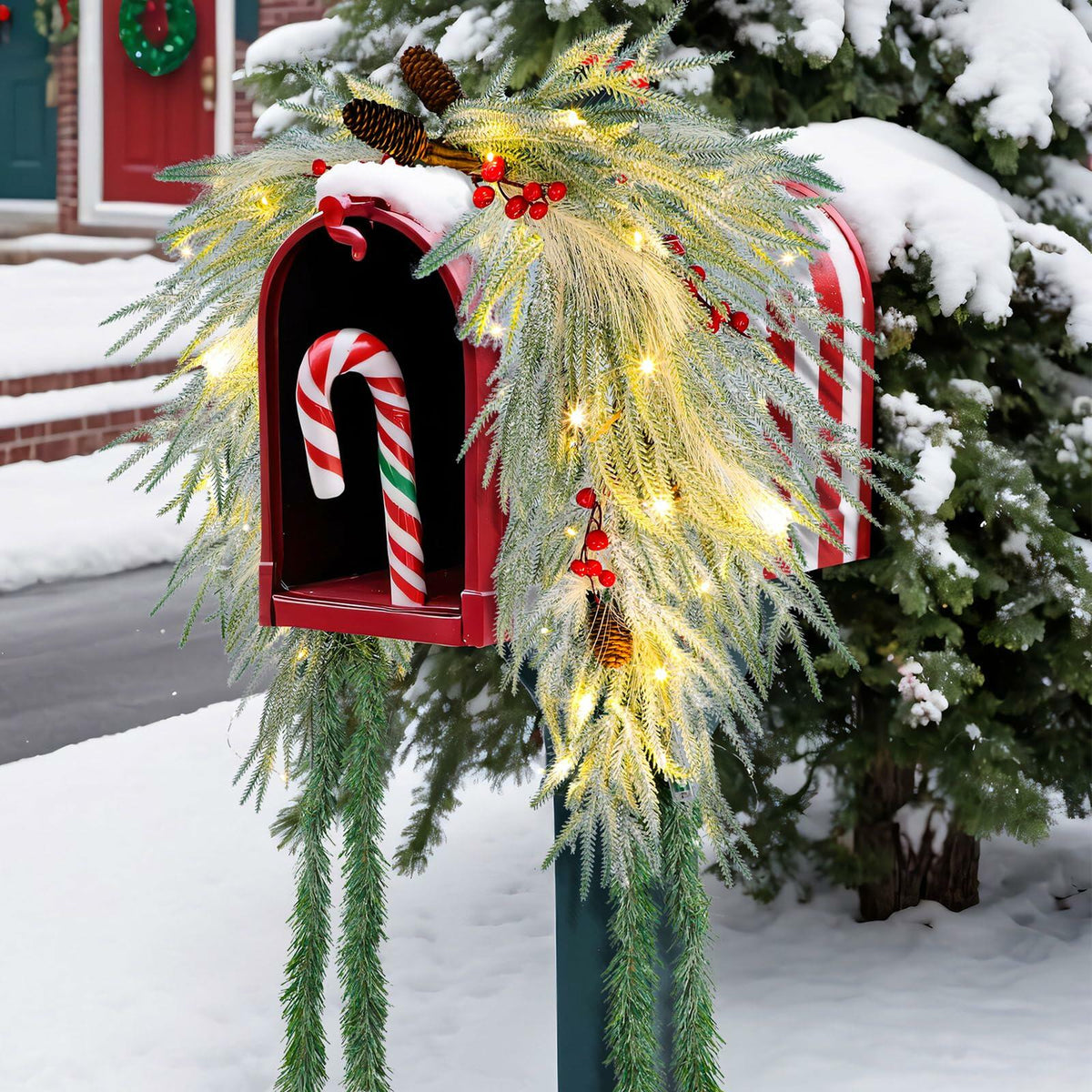 Chuangdi 36" Pre-Lit Christmas Mailbox Swag Wreath with Pine Cones & Red Berries