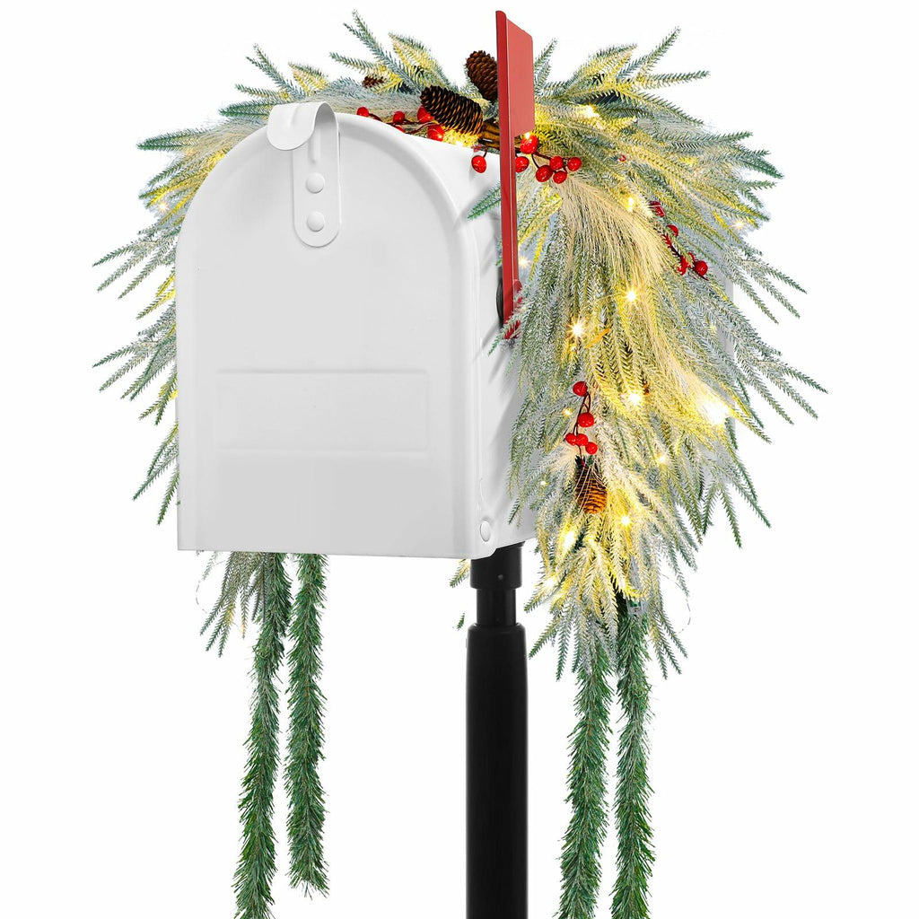 Chuangdi 36" Pre-Lit Christmas Mailbox Swag Wreath with Pine Cones & Red Berries