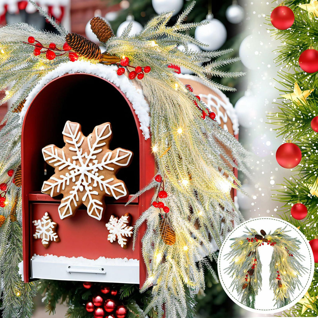 Chuangdi 36" Pre-Lit Christmas Mailbox Swag Wreath with Pine Cones & Red Berries