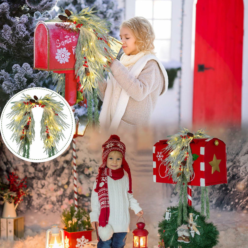 Chuangdi 36" Pre-Lit Christmas Mailbox Swag Wreath with Pine Cones & Red Berries