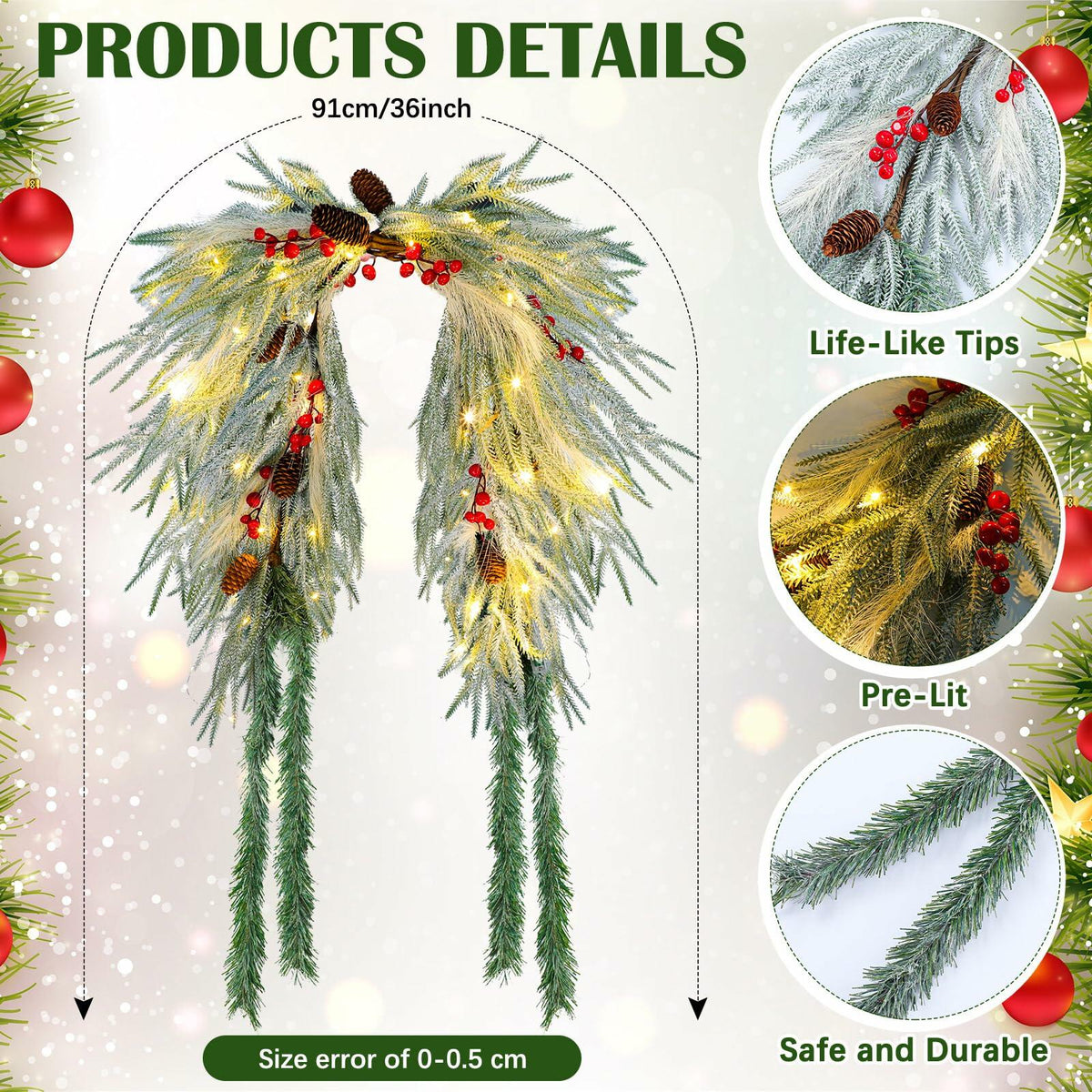 Chuangdi 36" Pre-Lit Christmas Mailbox Swag Wreath with Pine Cones & Red Berries