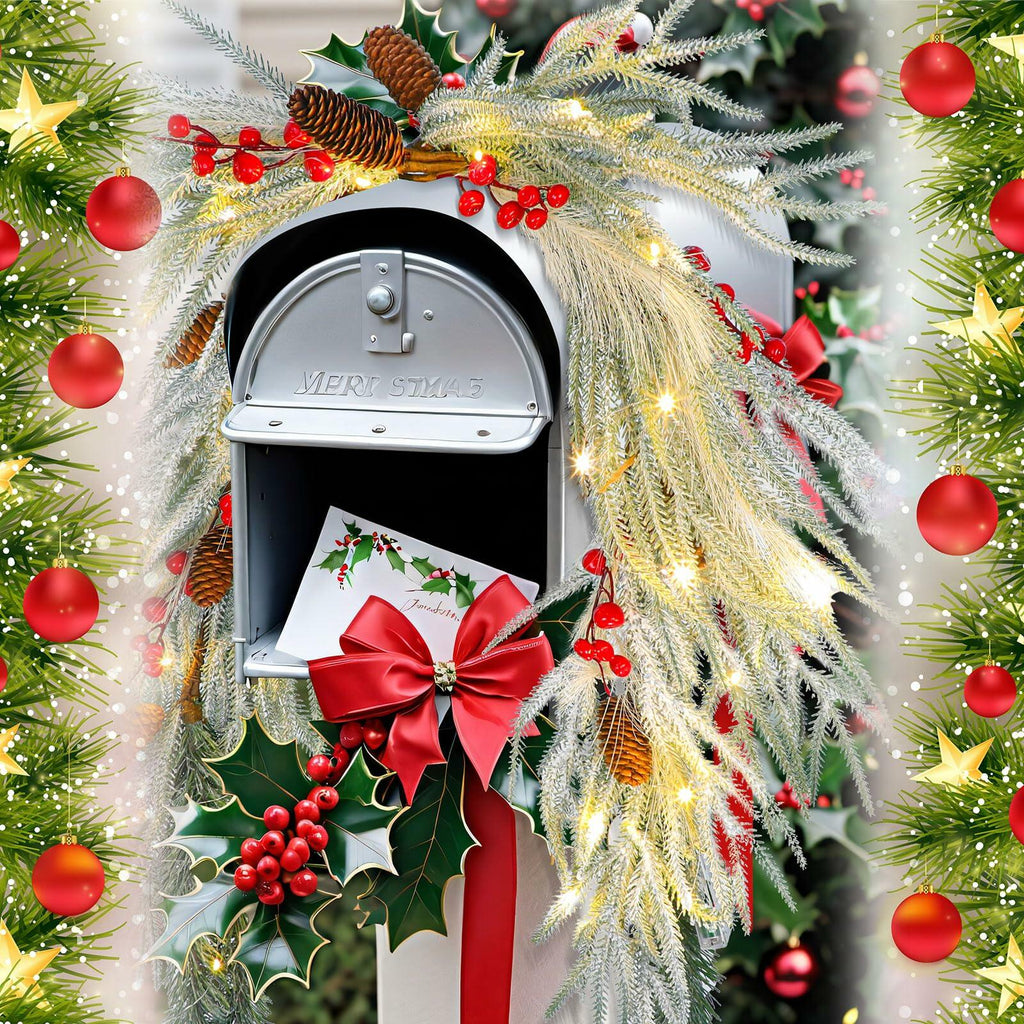 Chuangdi 36" Pre-Lit Christmas Mailbox Swag Wreath with Pine Cones & Red Berries