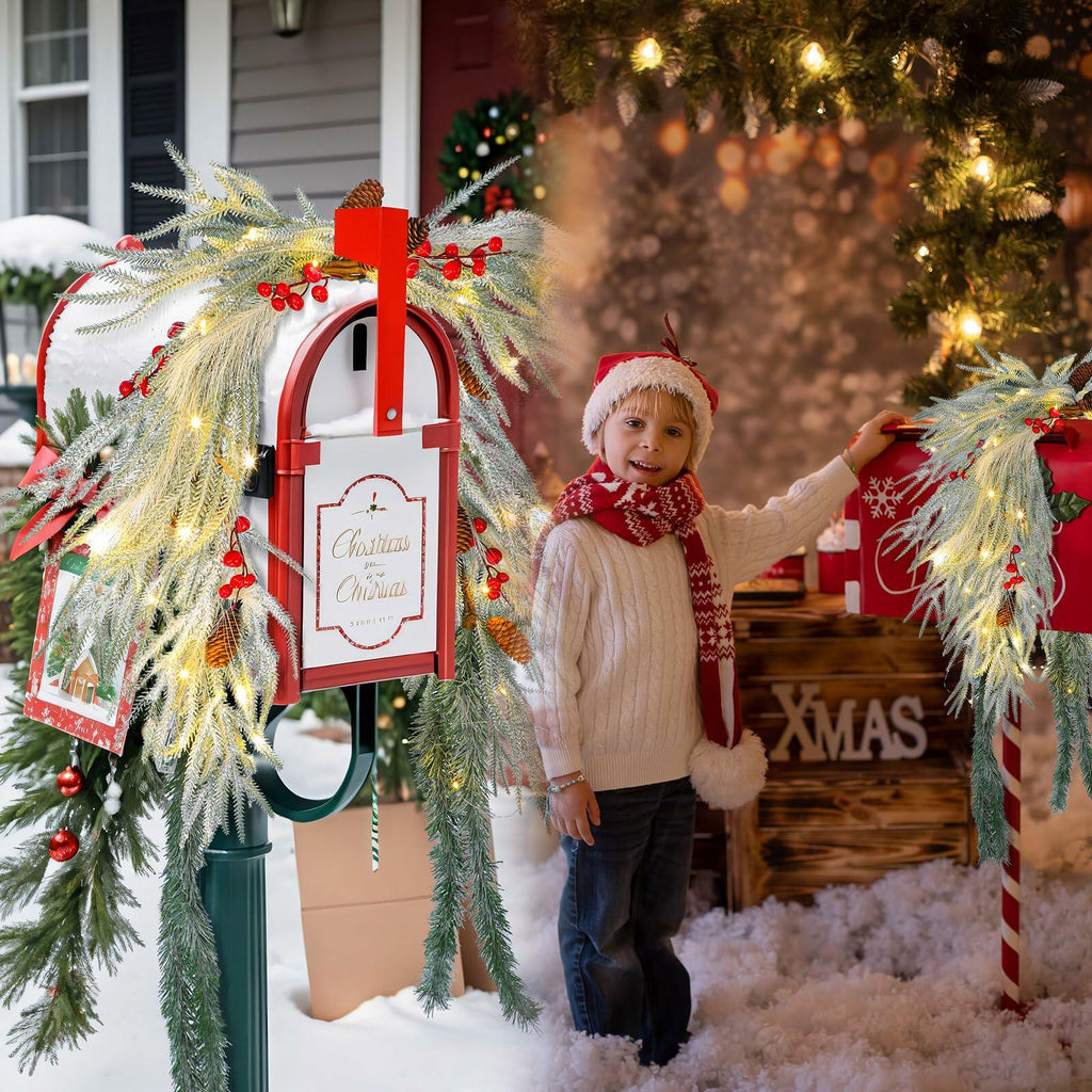 Chuangdi 36" Pre-Lit Christmas Mailbox Swag Wreath with Pine Cones & Red Berries
