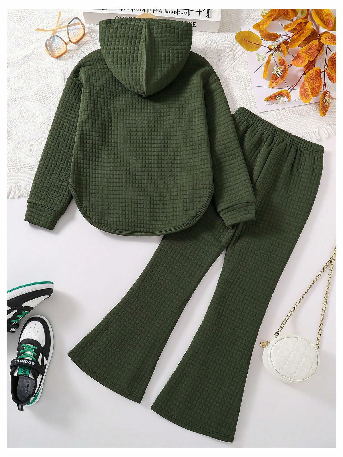 Girls' Olive Waffle-Knit Hoodie & Flared Pants Set – Size 8