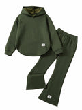 Girls' Olive Waffle-Knit Hoodie & Flared Pants Set – Size 8