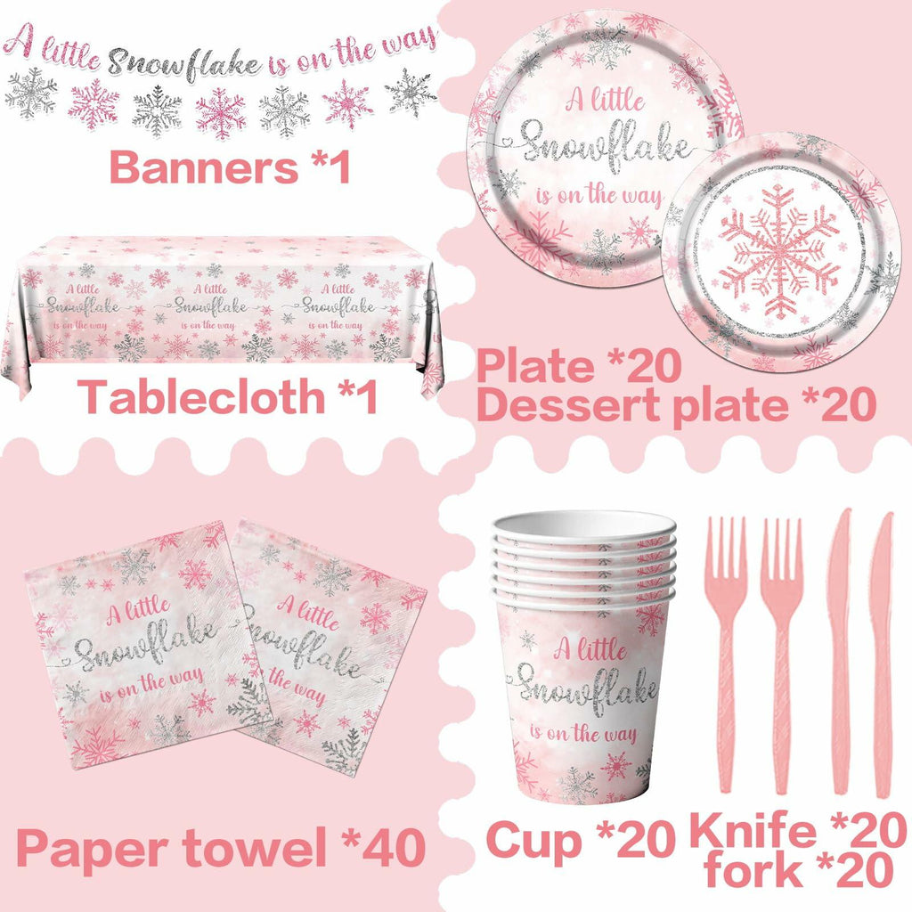 Pink Winter Snowflake Party Tableware Set – 142 Pieces