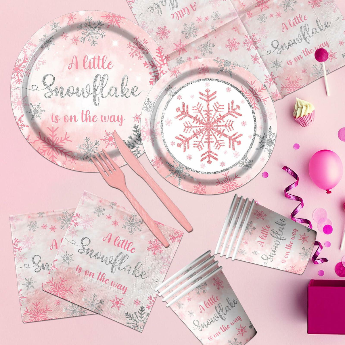 Pink Winter Snowflake Party Tableware Set – 142 Pieces