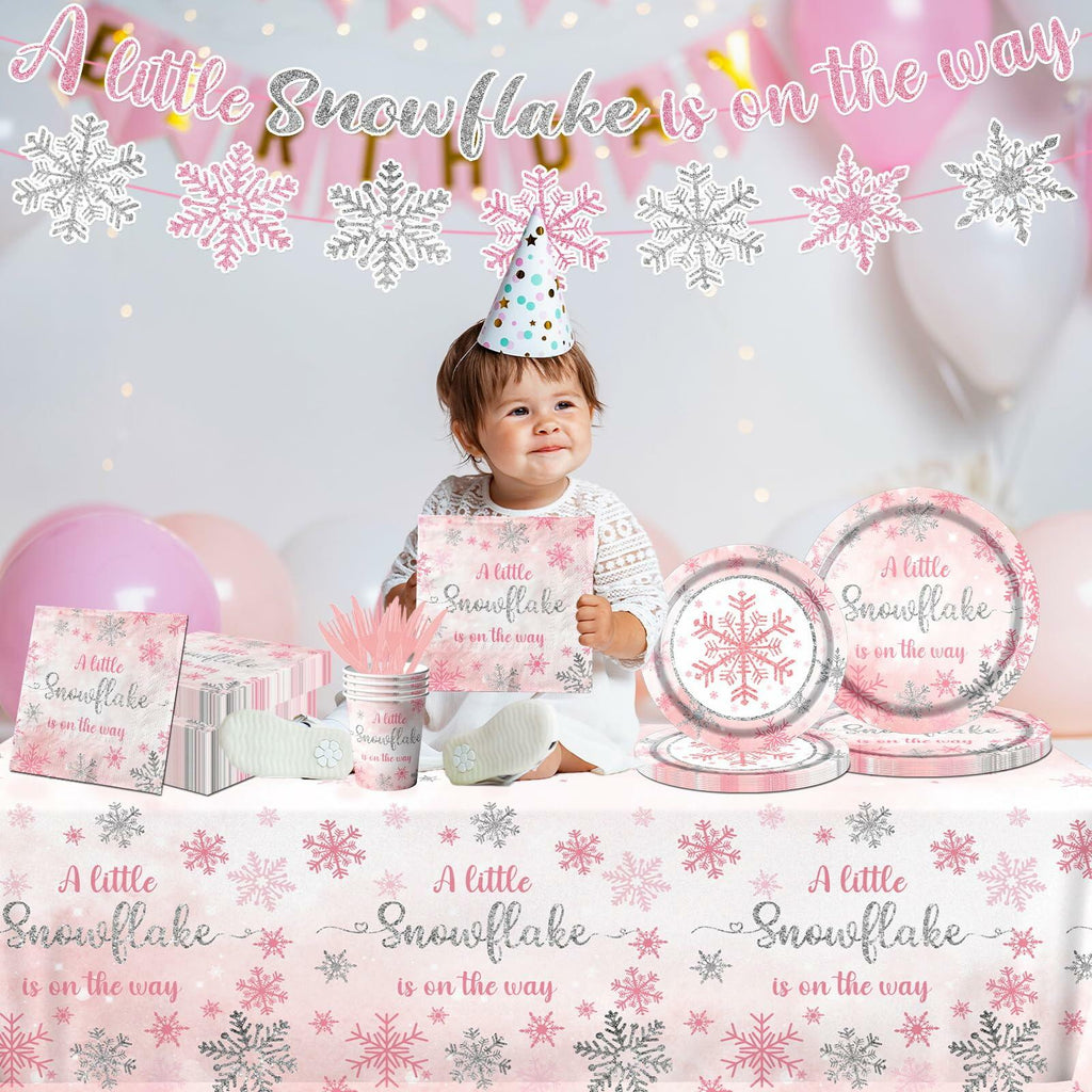 Pink Winter Snowflake Party Tableware Set – 142 Pieces