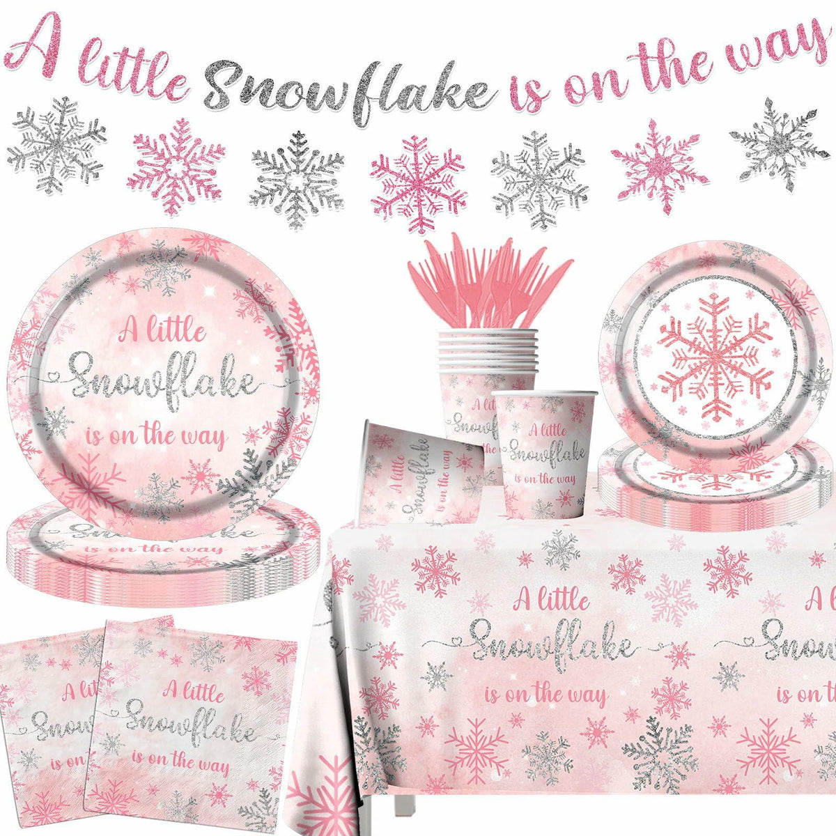 Pink Winter Snowflake Party Tableware Set – 142 Pieces