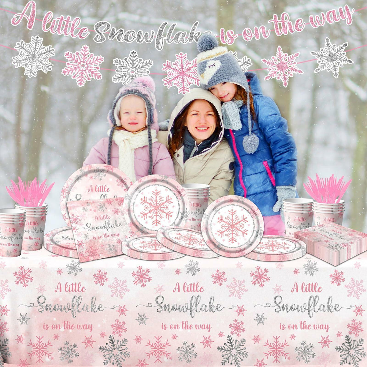 Pink Winter Snowflake Party Tableware Set – 142 Pieces