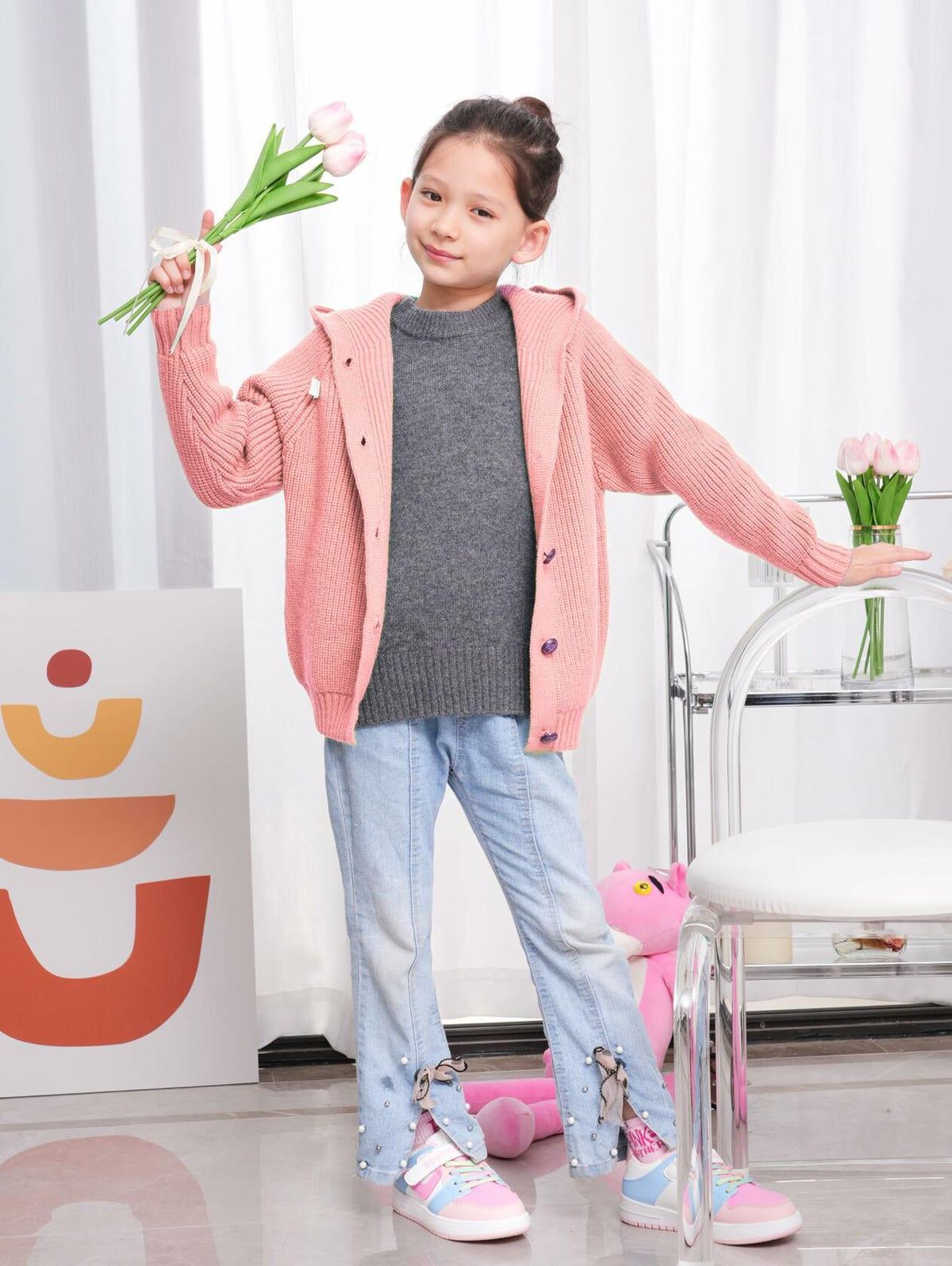 Girls' Brown Oversized Hooded Knit Cardigan – Size 5–6