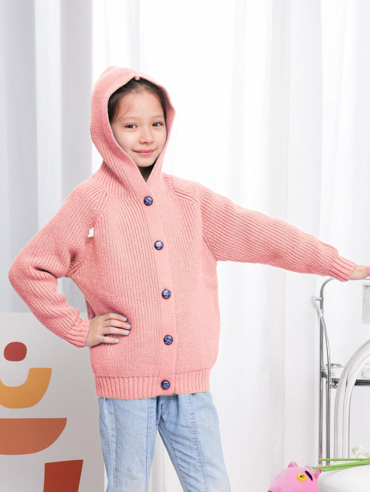 Girls' Brown Oversized Hooded Knit Cardigan – Size 5–6