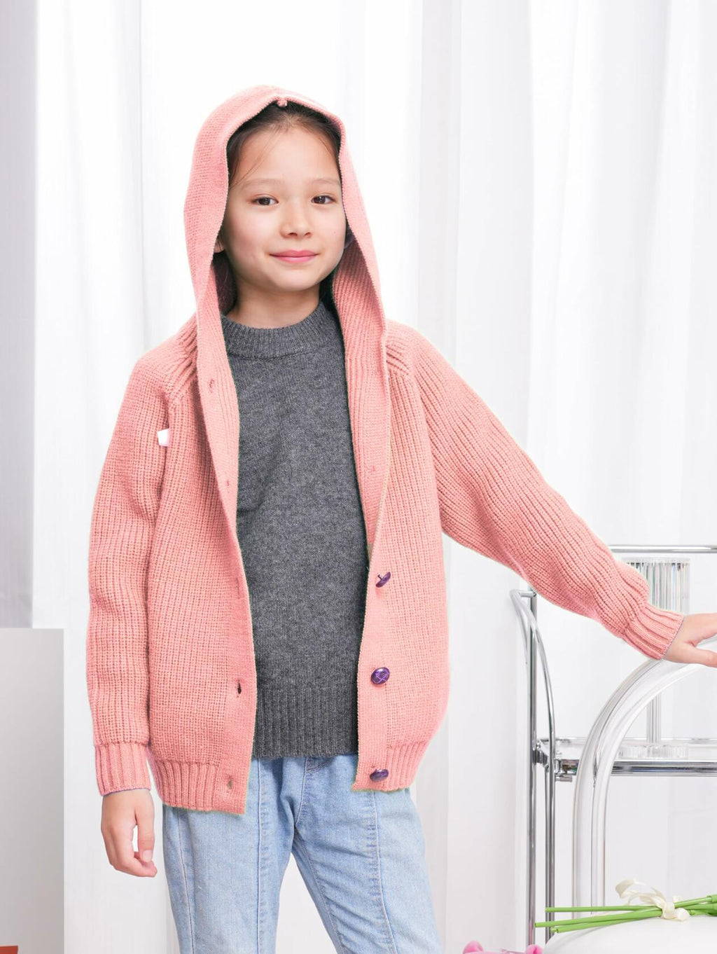 Girls' Brown Oversized Hooded Knit Cardigan – Size 5–6