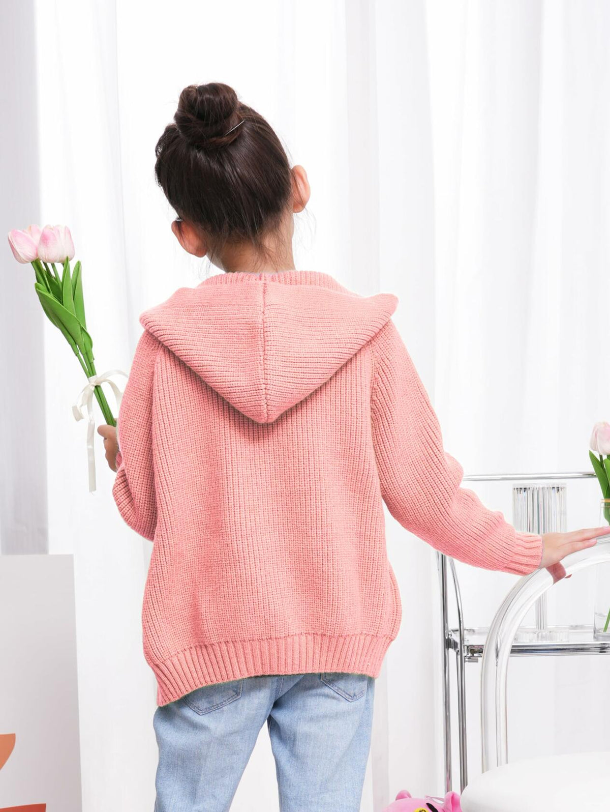 Girls' Brown Oversized Hooded Knit Cardigan – Size 5–6