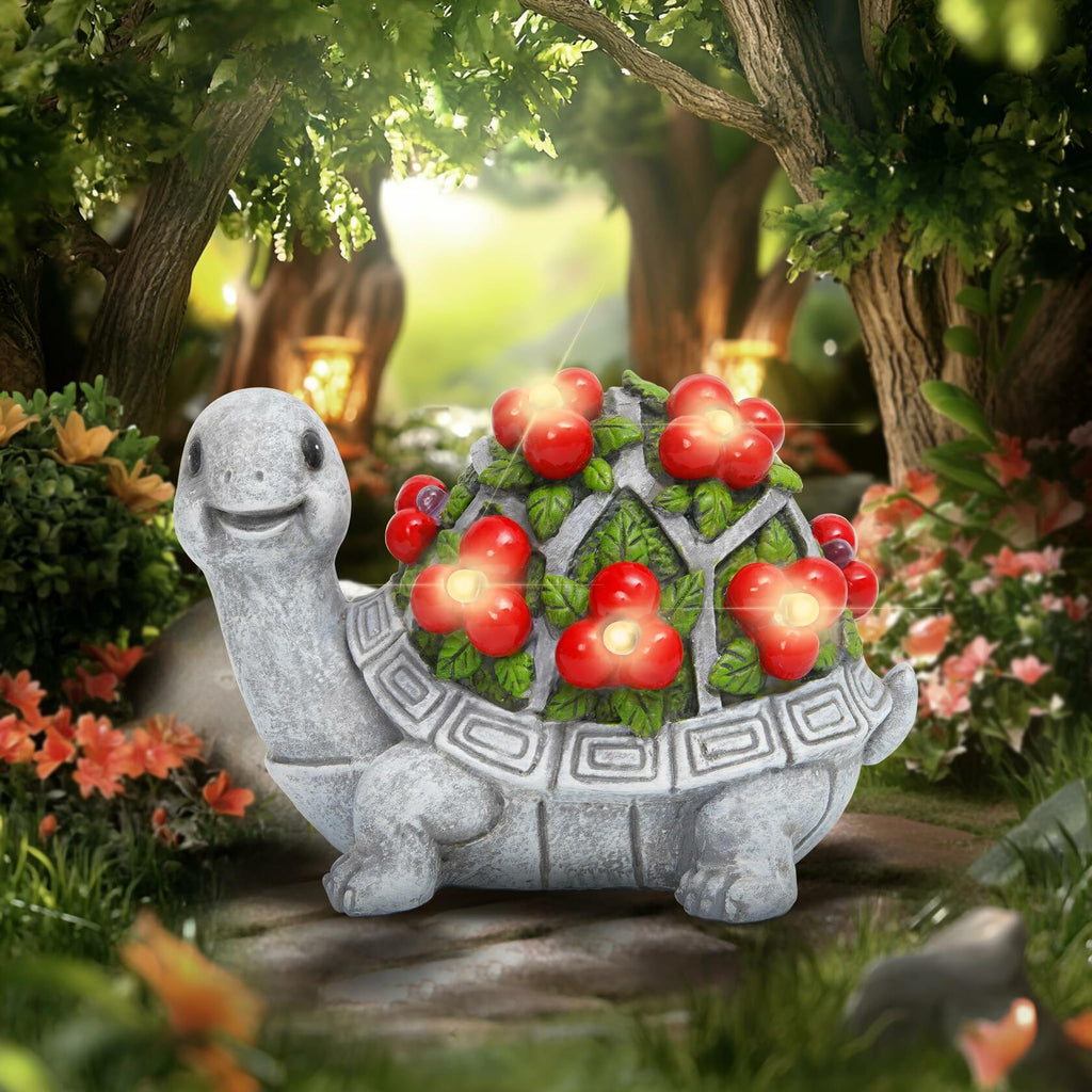 Solar LED Turtle Garden Statue – Red Resin