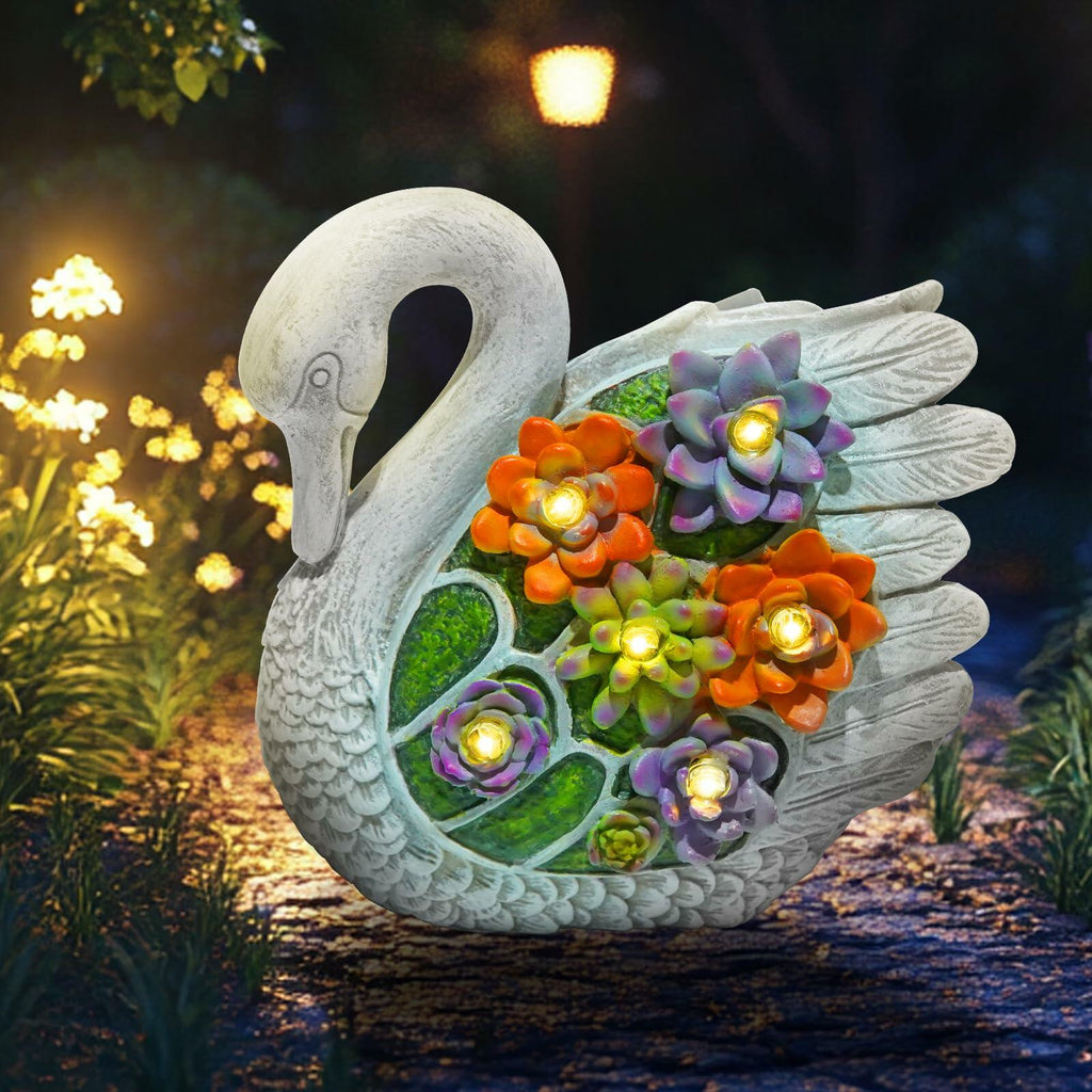 Solar LED Swan Garden Statue – White Metal