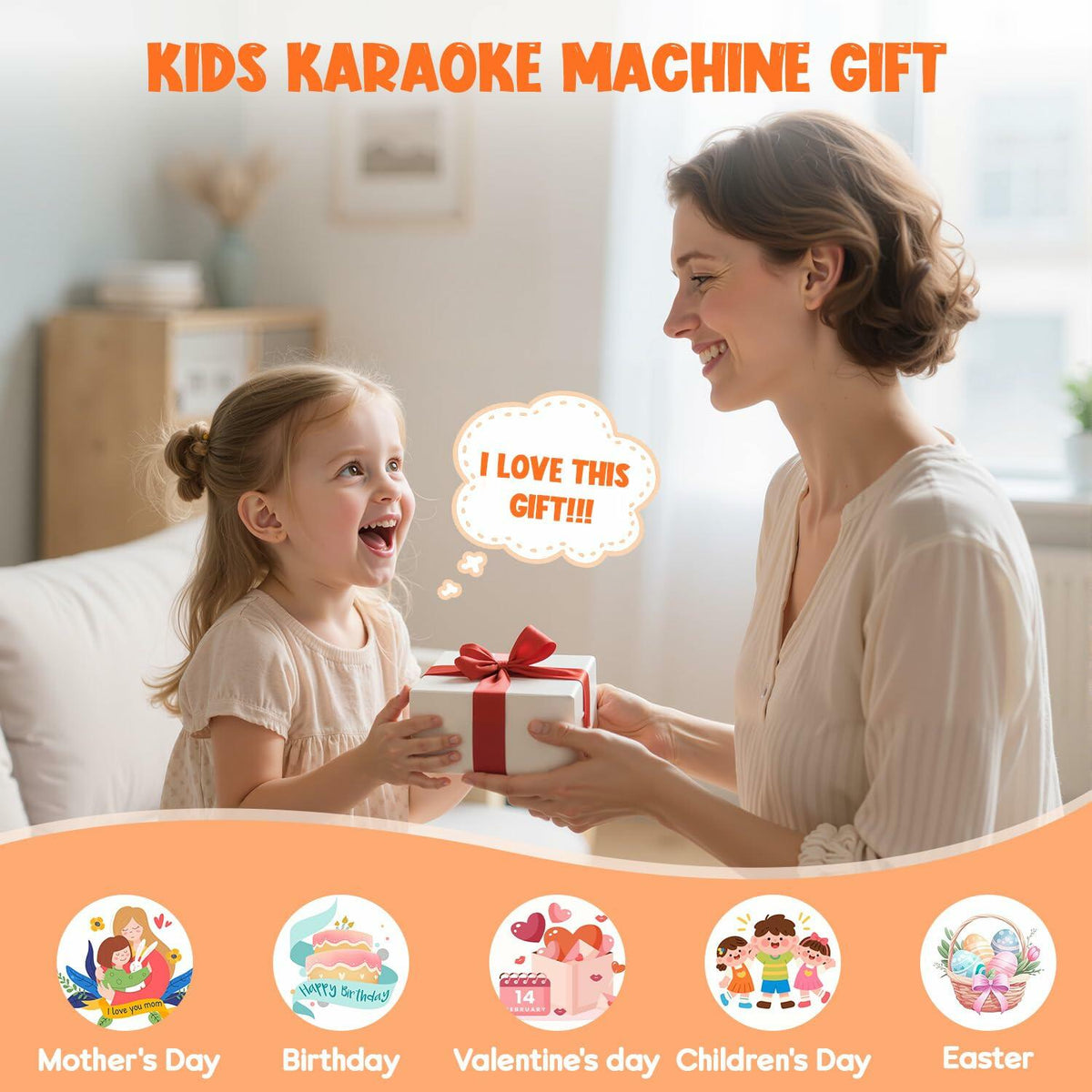 VERKB Kids' Bluetooth Karaoke Speaker — 2 Microphones, Orange