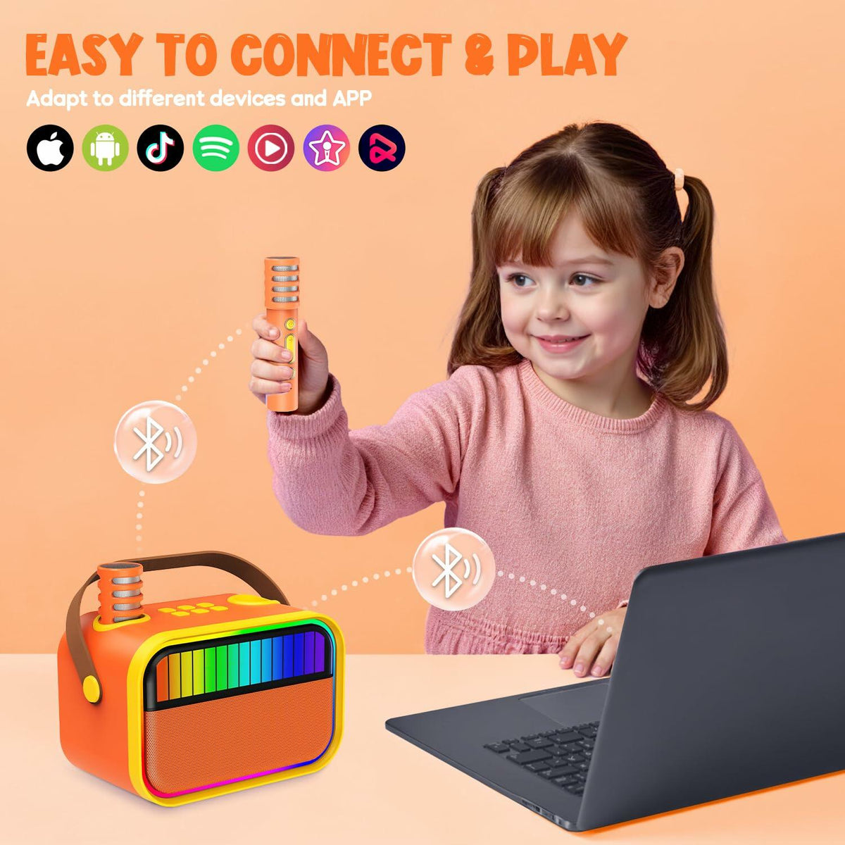 VERKB Kids' Bluetooth Karaoke Speaker — 2 Microphones, Orange