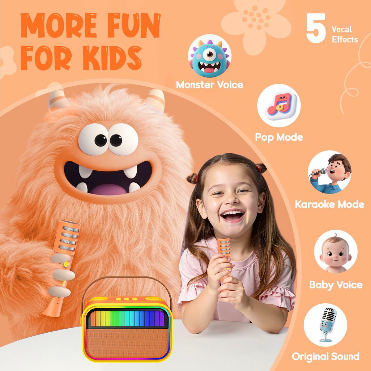 VERKB Kids' Bluetooth Karaoke Speaker — 2 Microphones, Orange