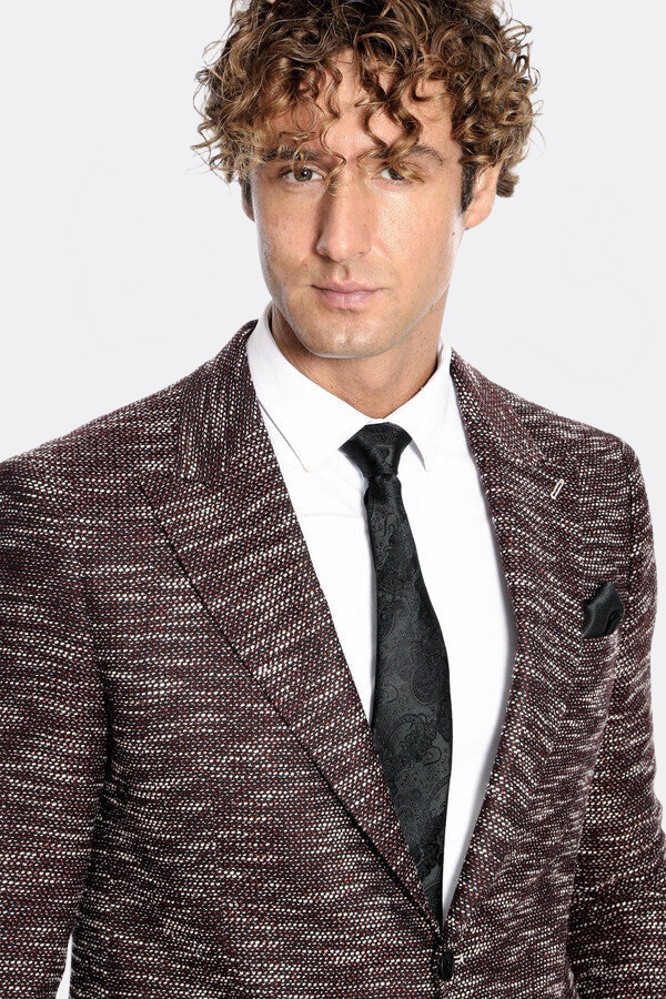 Wessi Men's Slim-Fit Burgundy Patterned Blazer