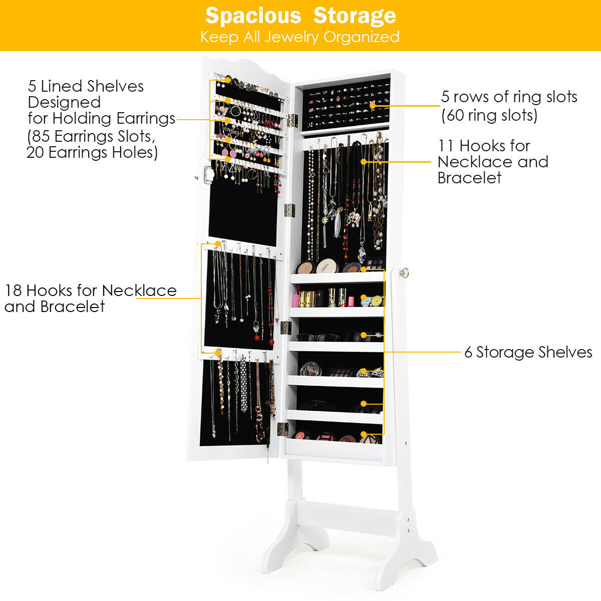 Lockable Full-Length Mirrored Jewelry Storage Cabinet