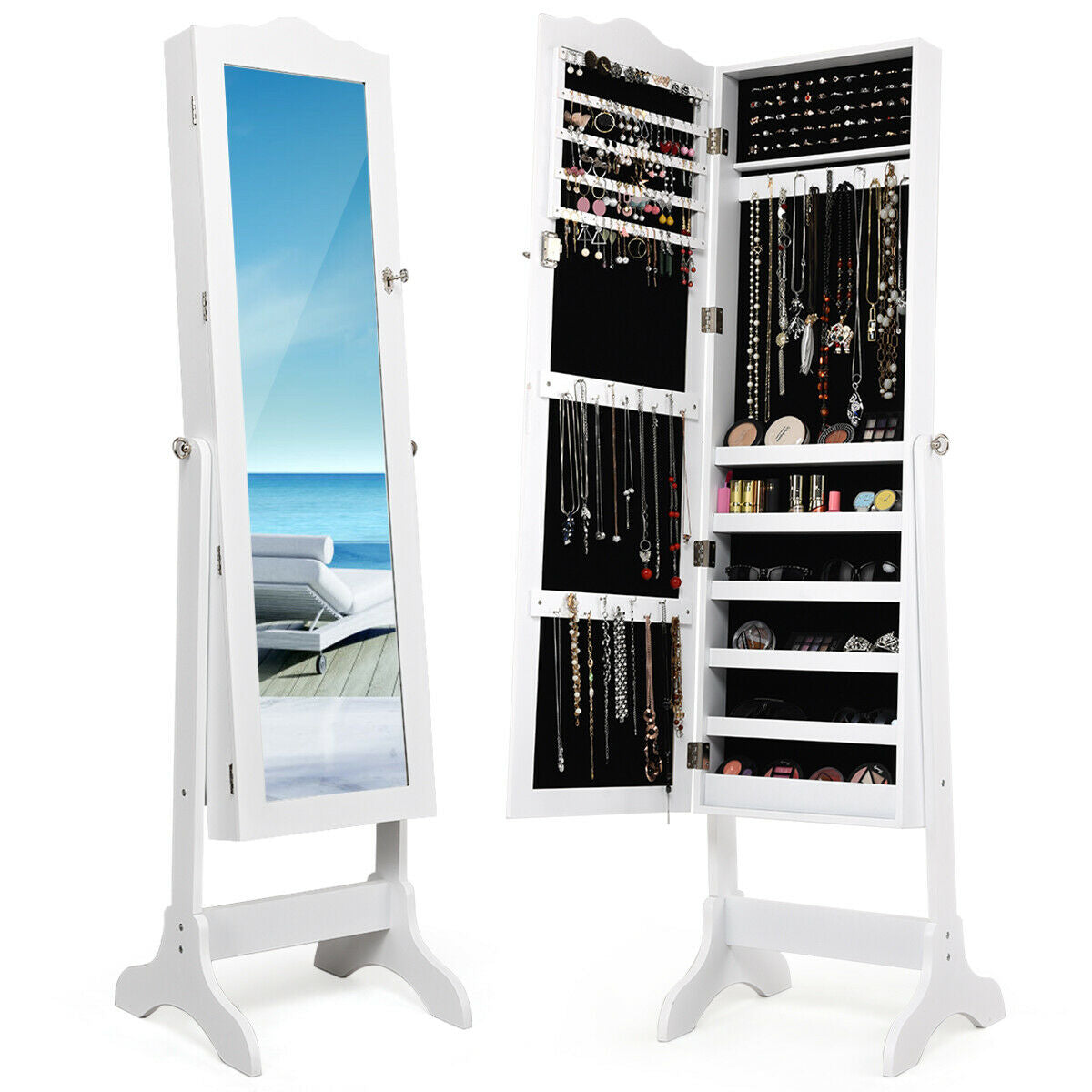 Lockable Full-Length Mirrored Jewelry Storage Cabinet