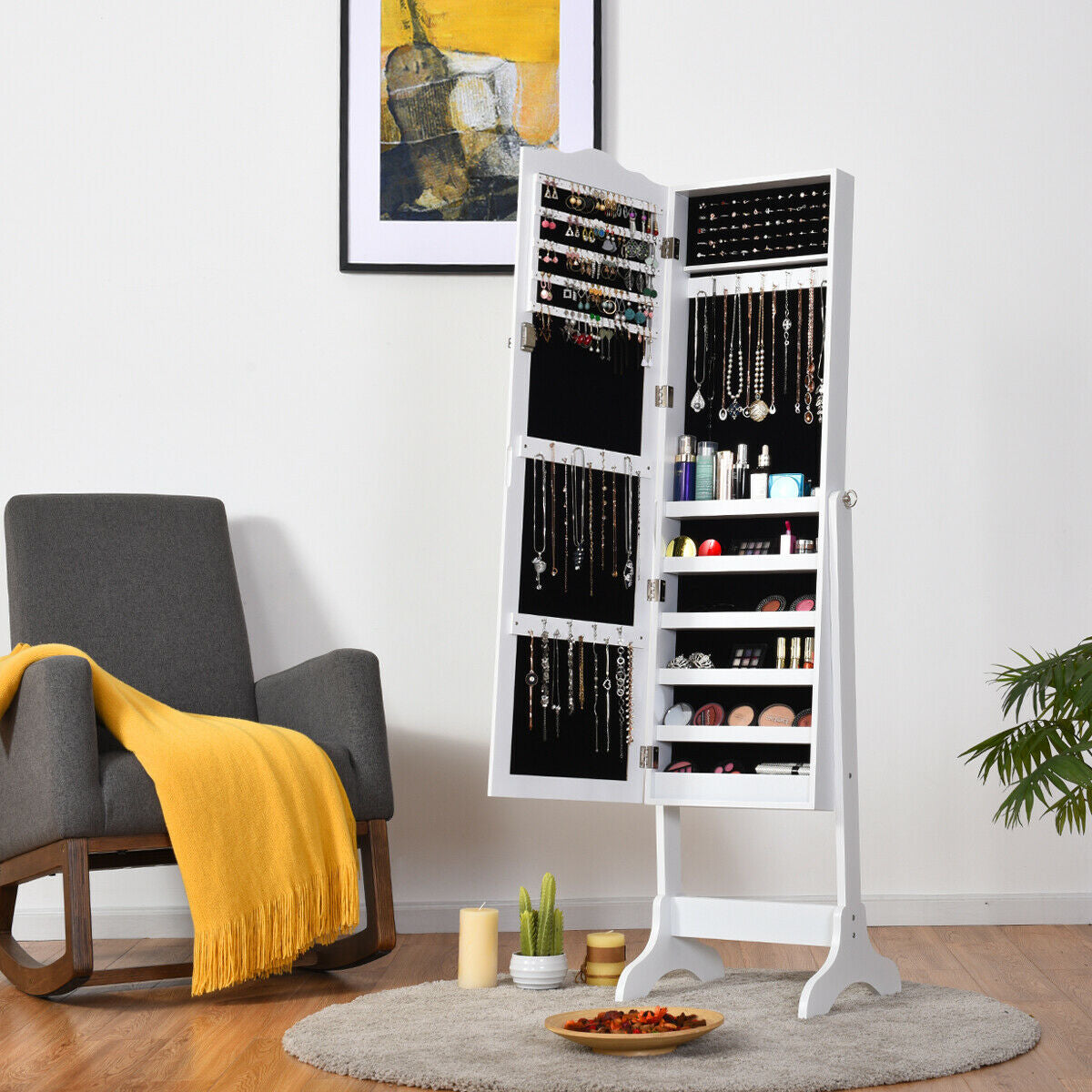 Lockable Full-Length Mirrored Jewelry Storage Cabinet