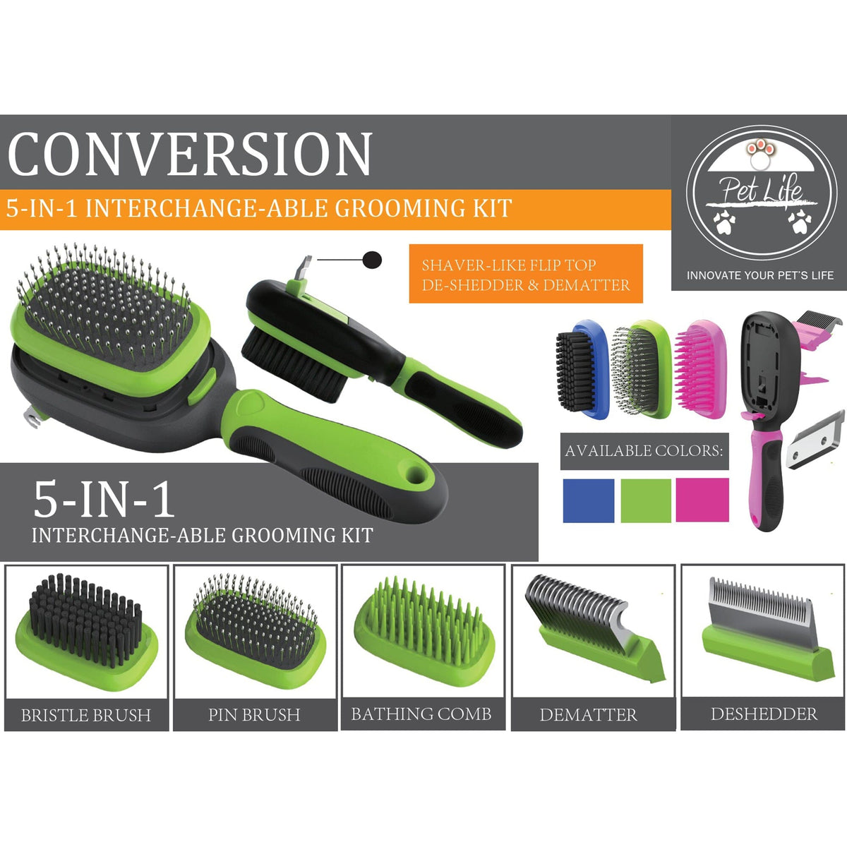 Pet Life ® 'Conversion' 5-in-1 Interchangeable Dematting and Deshedding Bristle Pin and Massage Grooming Pet