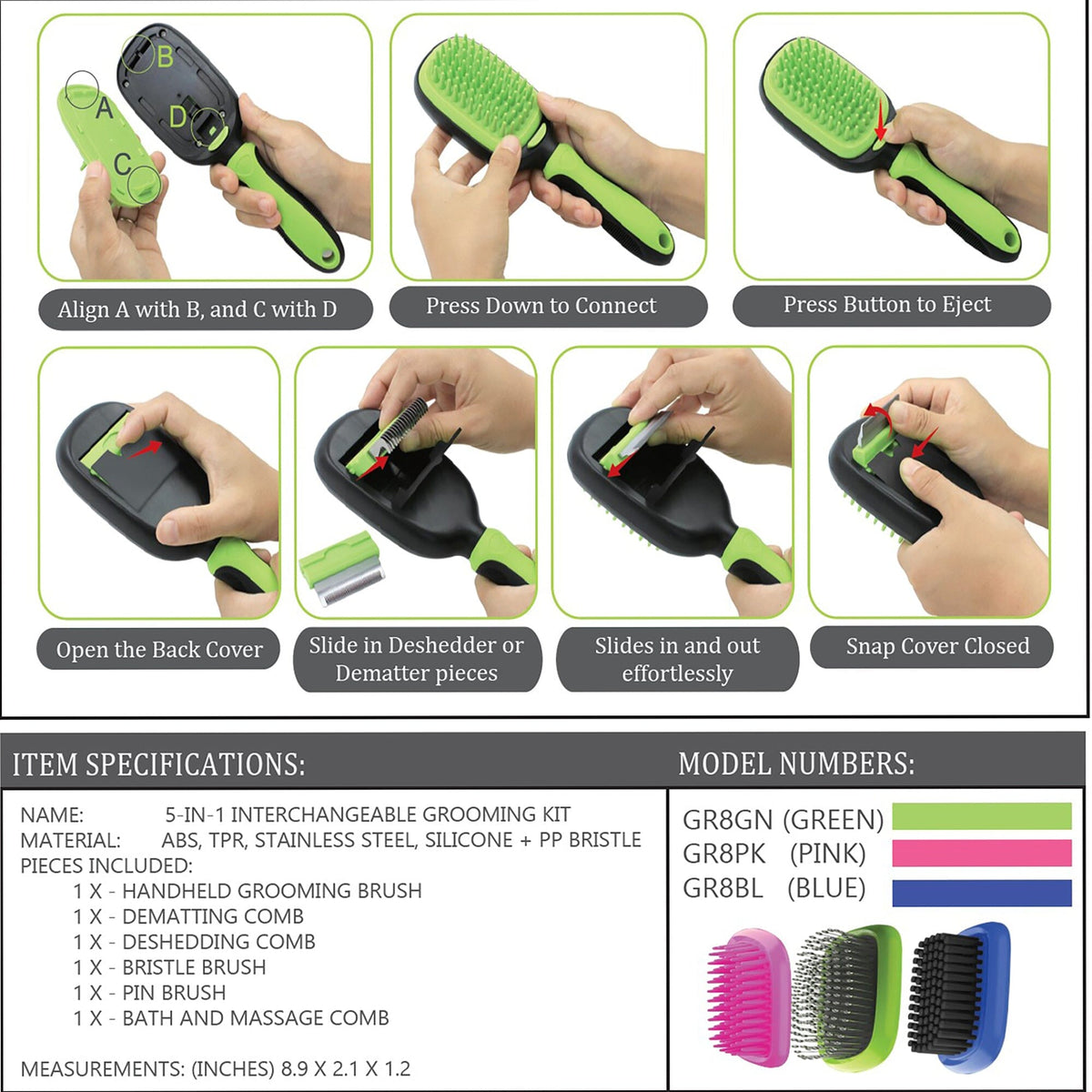 Pet Life ® 'Conversion' 5-in-1 Interchangeable Dematting and Deshedding Bristle Pin and Massage Grooming Pet