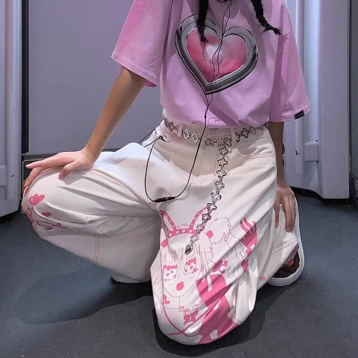 Pink Graffiti Print Wide-Leg Jeans