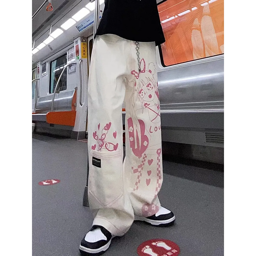Pink Graffiti Print Wide-Leg Jeans