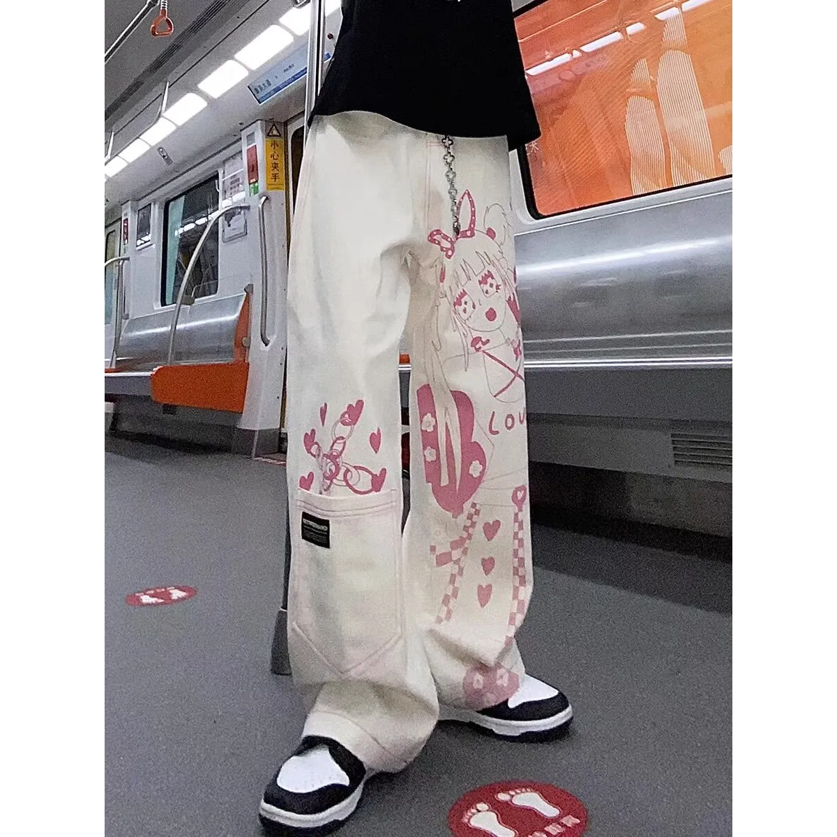 Pink Graffiti Print Wide-Leg Jeans