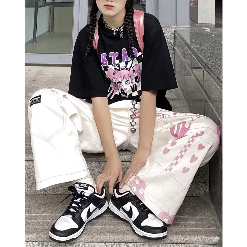 Pink Graffiti Print Wide-Leg Jeans